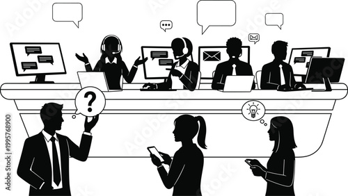 A busy customer service counter scene depicts interactions between staff and clients in a modern office environment