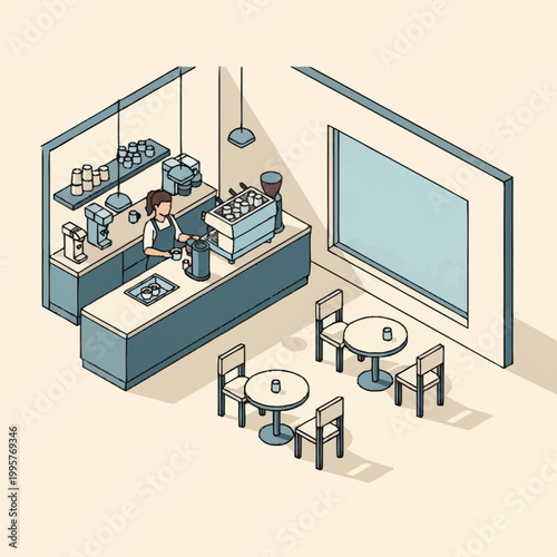 Isometric illustration of a coffee shop interior with a barista at work.