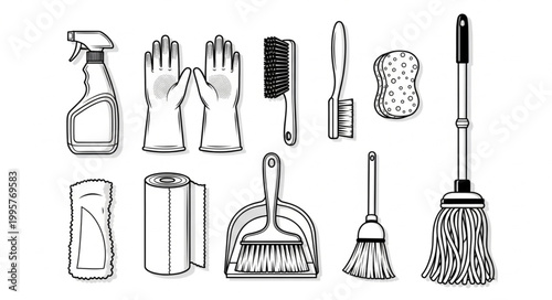 Collection of cleaning supplies and tools for household chores.