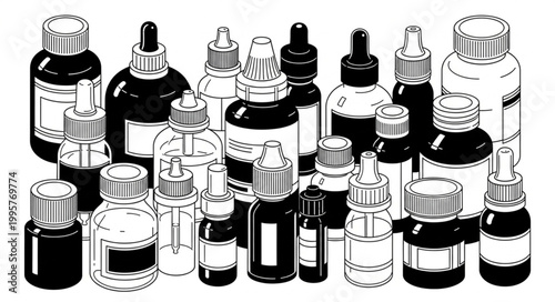 Collection of assorted glass bottles with droppers and caps.