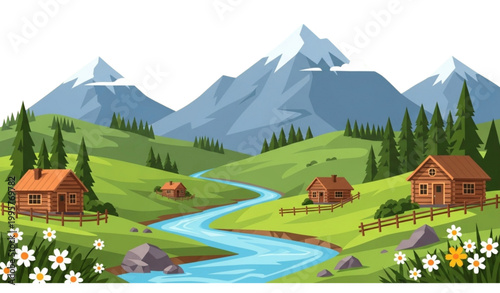 Serene mountain river landscape vector forest hills cabin illustration