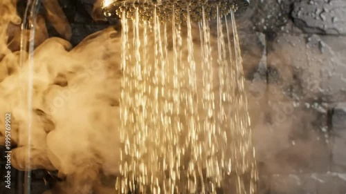 Close-up of a modern chrome shower head with warm water and steam cascading down