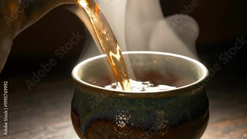 Pouring hot beverage into a rustic ceramic cup with steam rising