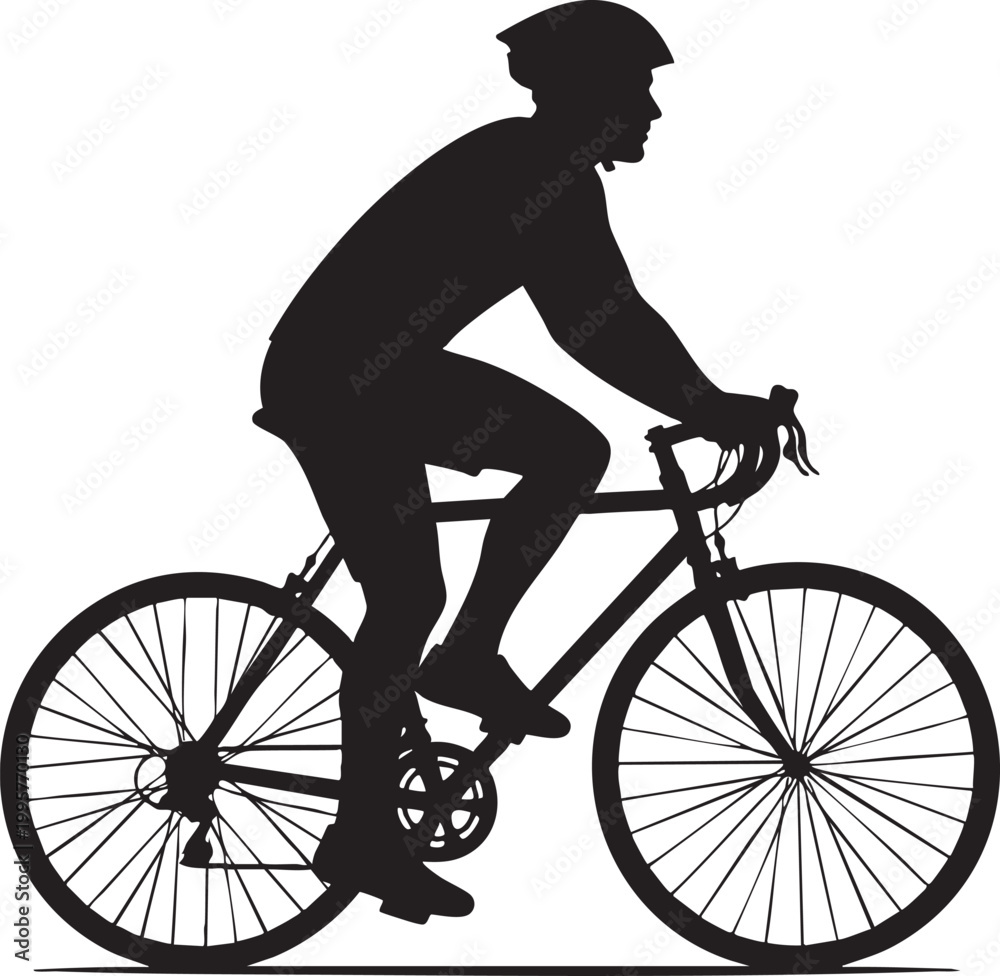 Naklejka premium Silhouette of a cyclist wearing a helmet and riding a bicycle with road bike