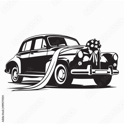 Vintage Bridal Car With Flowers And Ribbon Decoration Vector Illustration