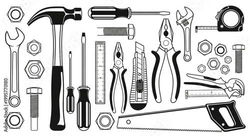 Collection of Hand Tools and Hardware for Construction and Repair.
