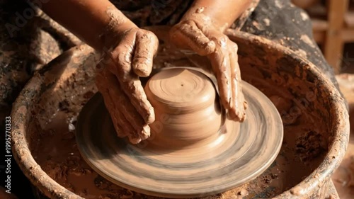 Hands shaping clay on a pottery wheel, creating a ceramic vessel