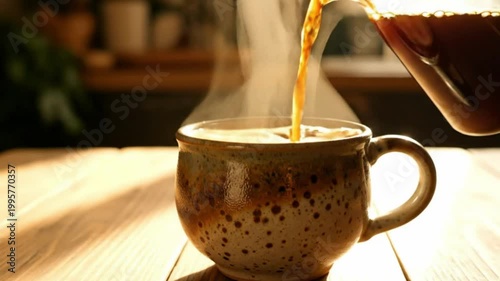 Pouring hot steaming coffee into a rustic mug on a wooden table