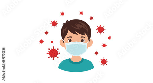 Young boy wearing medical face mask for protection against air pollution and infectious diseases like coronavirus.