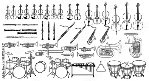Collection of Musical Instruments Hand Drawn Sketch Style.