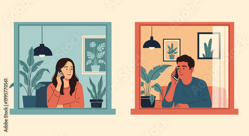 Man and woman communicating through mobile phones while staying in their respective apartment windows during isolation.