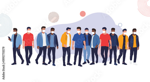 Diverse group of men walking together and wearing protective face masks to prevent the spread of viral infections.