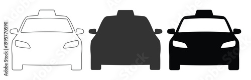 Set of 3 Front View Taxi Car Icons in Outline, Silhouette, and Solid Black Vector