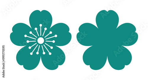 Set of two teal five-petal flower vector icons on white background