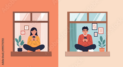 Man and woman sitting in their own apartment windows while using their smartphones to stay connected online.