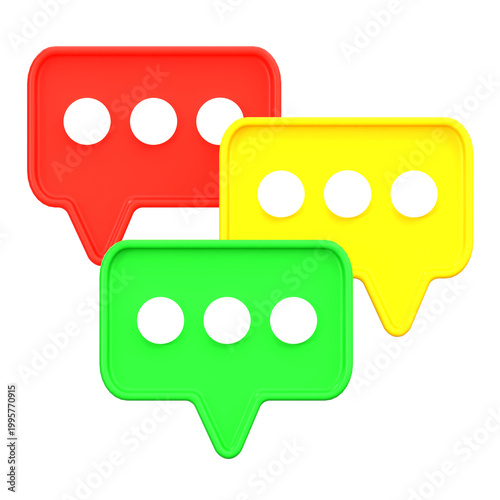 3D render of colorful red, yellow, and green speech bubbles representing chat communication