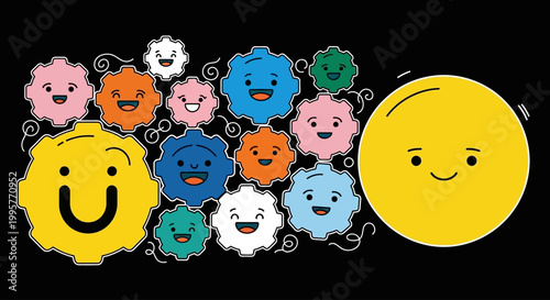Smiling faces of various colors and sizes are gathered together on a black background.