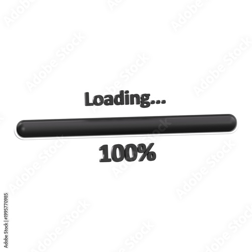 3D rendering of a completed dark loading bar showing 100 percent progress