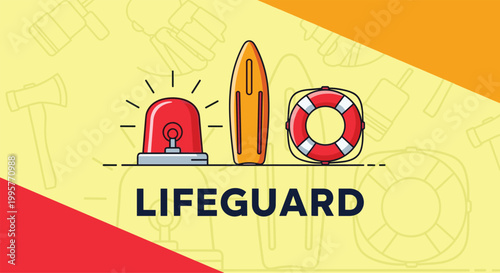 Lifeguard safety equipment icons including a siren light, surfboard, and lifebuoy over a yellow patterned background.