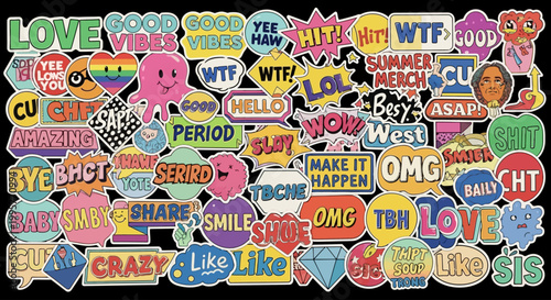 Vibrant stickers with various words and symbols are scattered on a black surface in a creative chaotic manner.