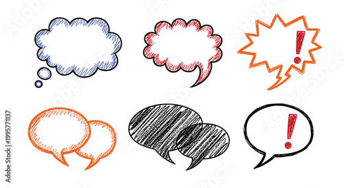 Collection of hand drawn scribbled speech bubbles in various colors and shapes for expressive comic book style annotations and notes.