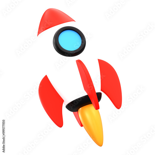 3D rendering of a red and white toy rocket ship taking off