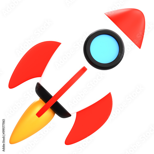 3D rendering of a red and white toy rocket ship taking off
