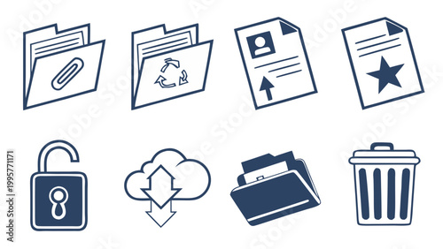 Folder File Management Icons Vector - Open Folder, Starred File, Locked Folder, Cloud and Trash Symbols