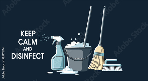 Cleaning and disinfection tools including a bucket, spray bottle, mop, broom, and brush on a dark background.