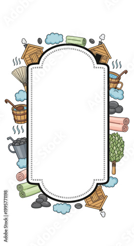 Colorful hand-drawn illustration of sauna elements with a blank frame.