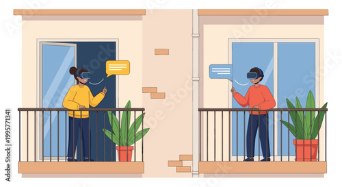 Two people standing in their own apartment balconies and using virtual reality headsets to communicate online.