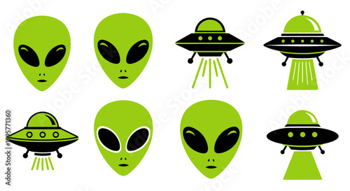 Green Aliens and Flying Saucers Set