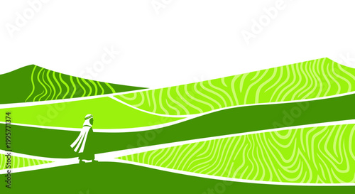 Lone figure walks through stylized green rolling hills and fields, seeking path
