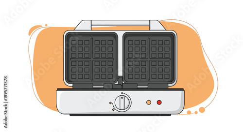 Illustration of an open electric waffle maker appliance ready for cooking on a decorative orange and white background for kitchen ads.