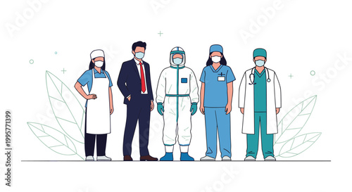 Diverse group of essential workers including a chef, police officer, nurse, and firefighter standing together.