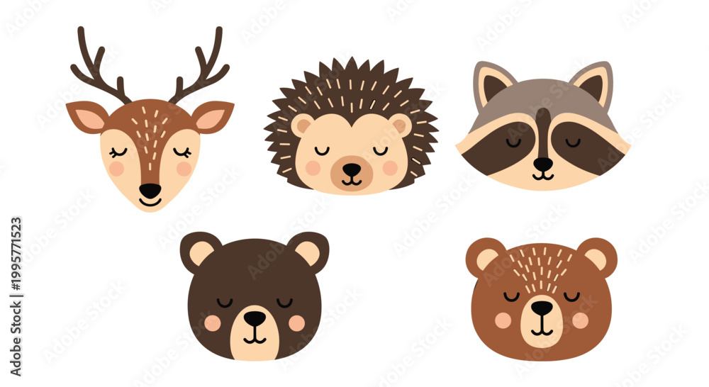 Fototapeta premium Collection of adorable forest animal faces including a deer, hedgehog, raccoon, and bears with eyes closed in a sweet nursery art style.