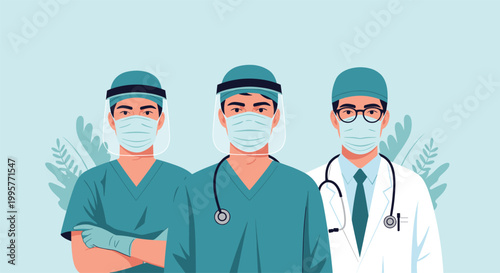 Three professional medical doctors wearing blue scrubs, face masks, and plastic shields for surgical protection.