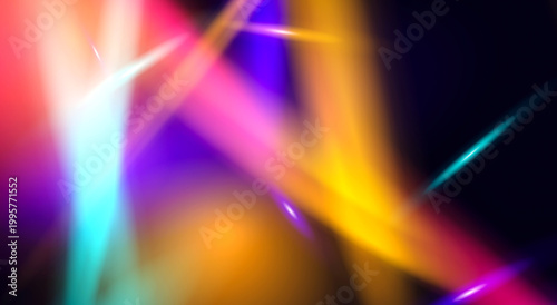 Orange pink blue neon laser light beams - glowing crossing lines optical flare, vibrant futuristic show mood - background for DJ club music flyer - 3d render, abstract dark wallpaper.