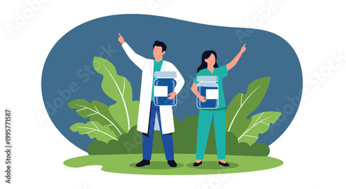 Male and female medical researchers in scrubs holding large vaccine vials and pointing upwards to signify hope and scientific breakthroughs.