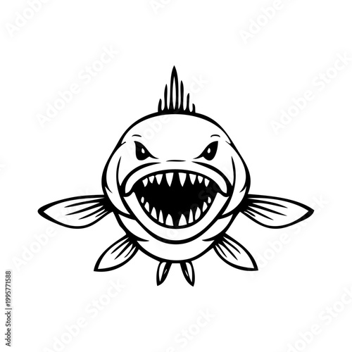 Logotipo con dibujo minimalista con líneas de un pez enojado visto de frente, con la boca abierta enseñando los colmillos 