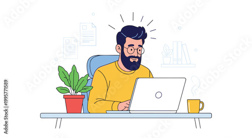 Professional man with a beard and glasses working diligently on a laptop at a home office desk with coffee and a plant nearby.