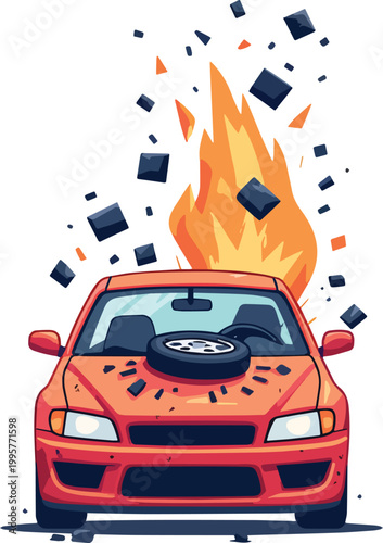 Car crash with fire accident scene – vector illustration