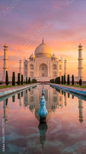 Konstfotografi Taj Mahal reflected in water at sunset with pink and orange sky