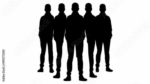 Four people standing in a row with multiple shadows cast around them on a white background conveying a sense of unity and togetherness in a minimalist style