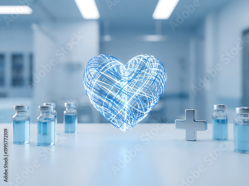 Digital Heart Health Concept with Medical Vials in Laboratory