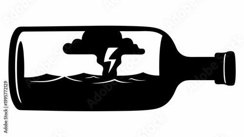Stormy weather trapped inside a glass bottle symbolizing turmoil and confinement in a dramatic dark silhouette