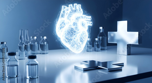Digital Human Heart Glowing Amidst Medical Vials and Cross Symbols - Healthcare Technology