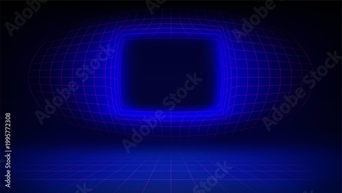 Neon color background, retro futuristic laser grid, copy space in frame. Synthwave 80s style. Abstract background for placing displaying products, presentation, advertising. Place for text. Vector