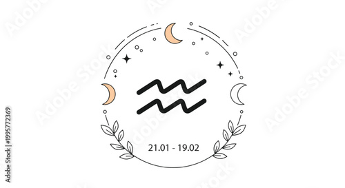 Aquarius zodiac astrological sign design featuring a decorative circular frame with moon phases and stars.