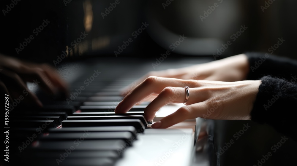 Fototapeta premium lose Up of Woman Hands Playing Piano Keys